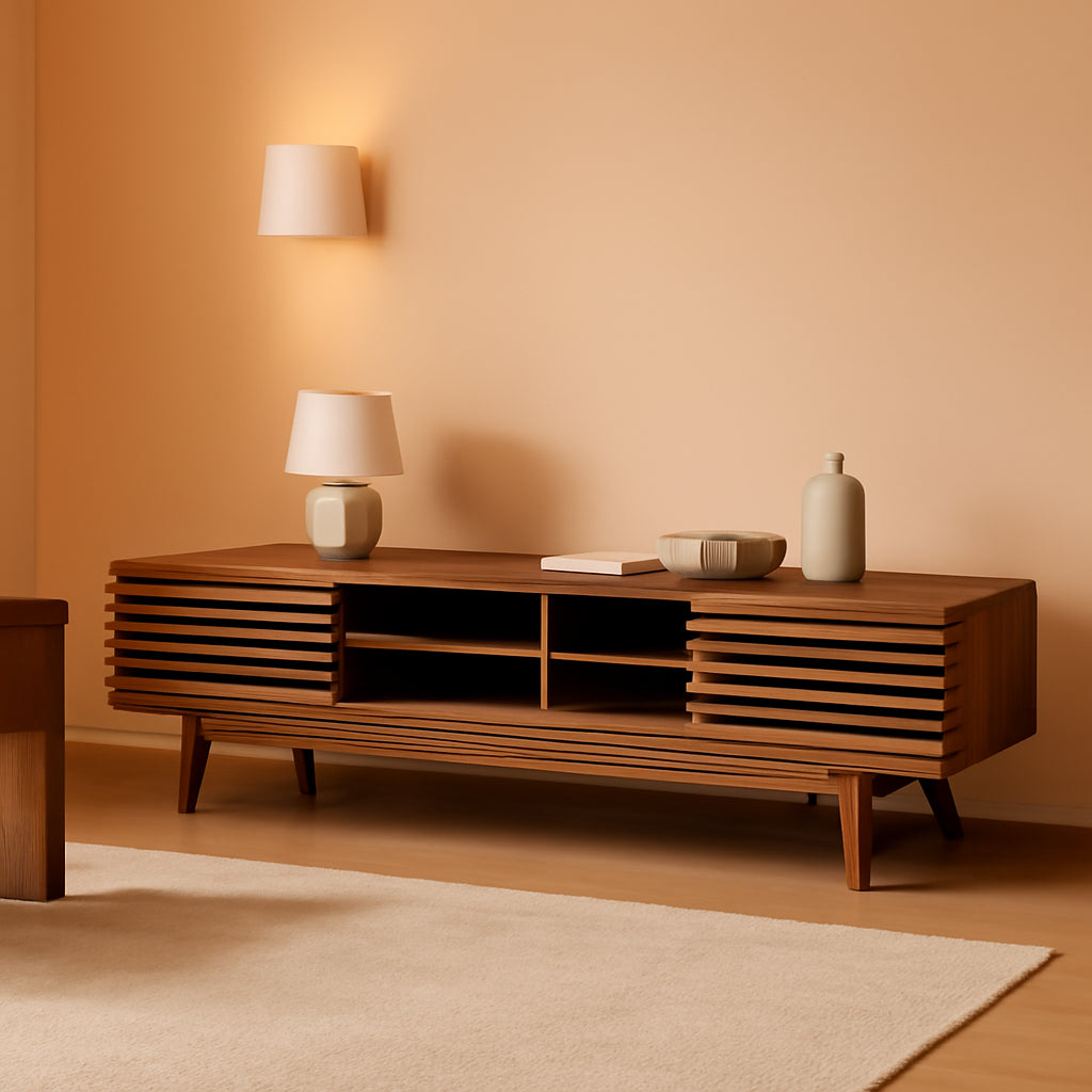 Render 70" Mid-Century Modern Low Profile Media Console TV Stand, 70 Inch, Walnut Walnut-0