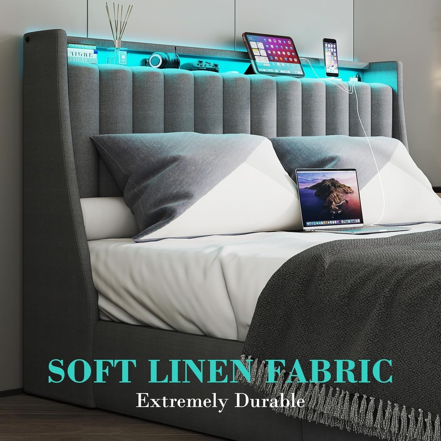 Queen Bed Frame with 2 Storage Drawers, Platform Bed Frame Queen Size with LED Light, Upholstered Headboard, Charging Station, Steel Slat Support, No Box Spring Needed, Noise-Free, Easy Assembly, Gray-4