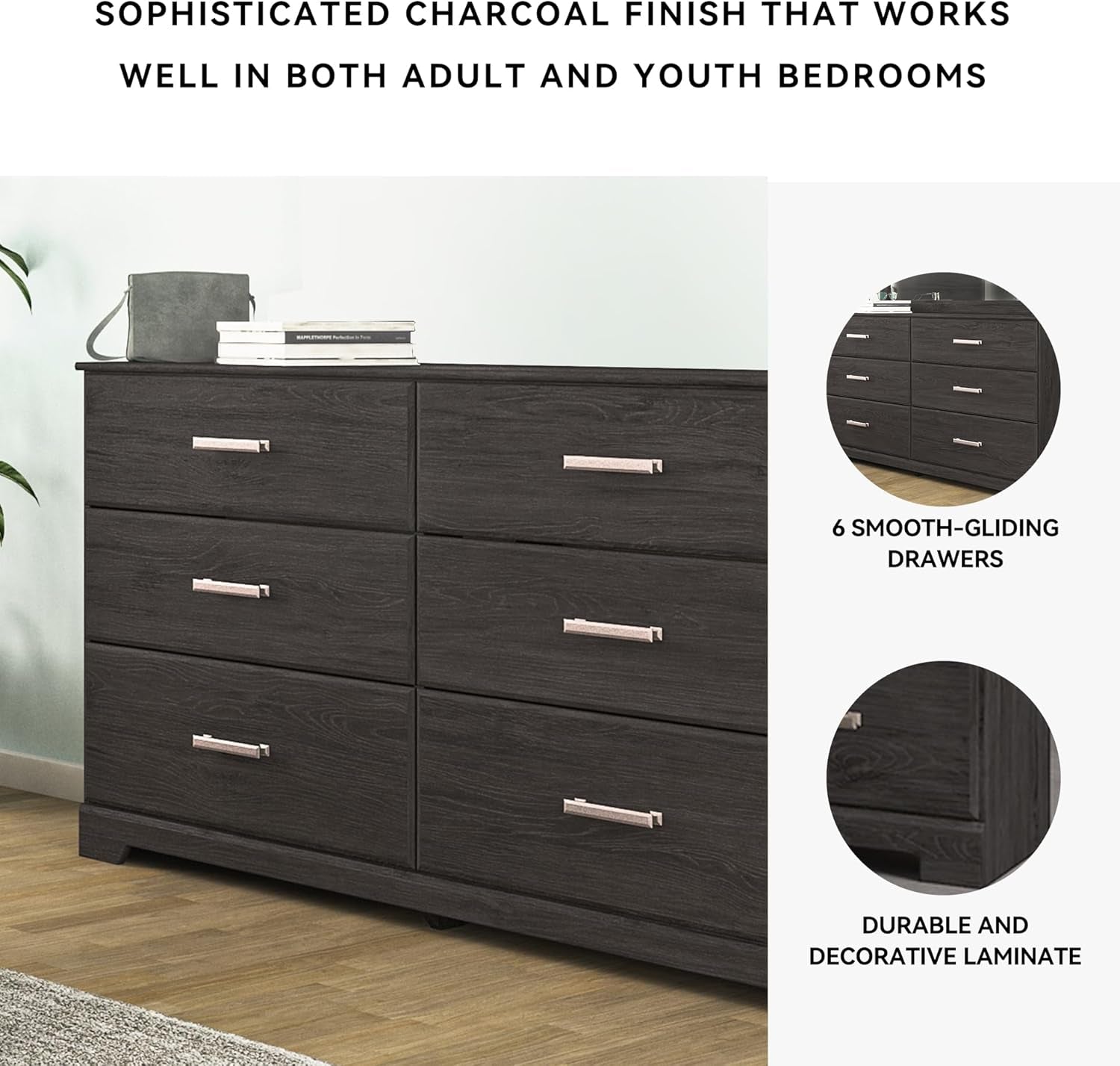 Six Drawer Dresser Black Matte Finish Engineered Wood-4