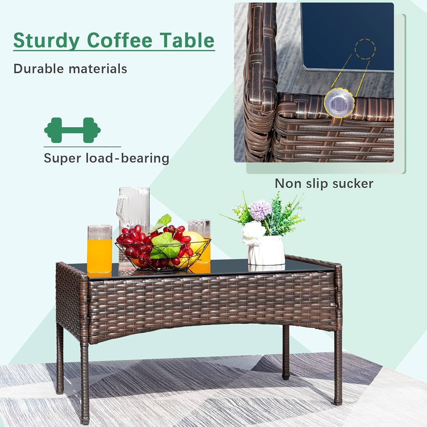 4 Piece Wicker Patio Set With Glass Table Beige Cushions-3