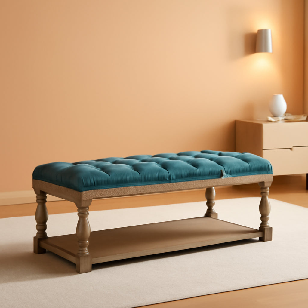 Blue Rectangular Upholstered Ottoman Coffee Table Tray-0