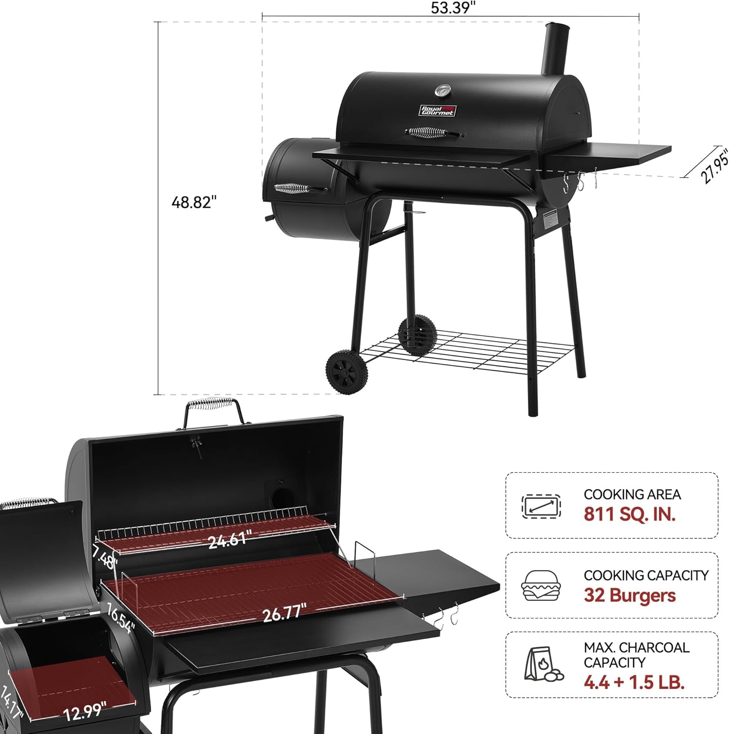 CC1830SC Charcoal Grill Offset Smoker 811 Sq In Black