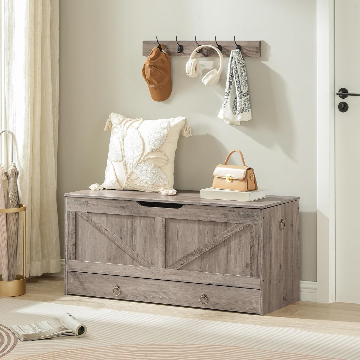 SolidWoodFinish Storage Bench Greige 43Inch Drawer-4