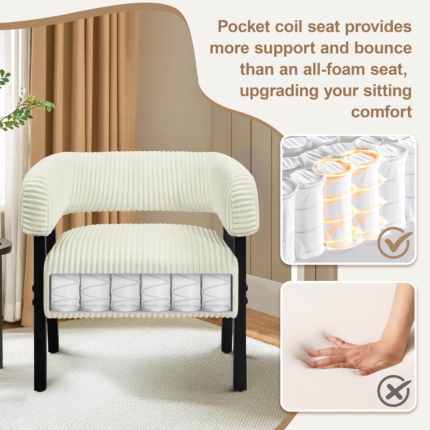 Beige Corduroy Barrel Accent Chair Set of 2 with Wood Legs-3