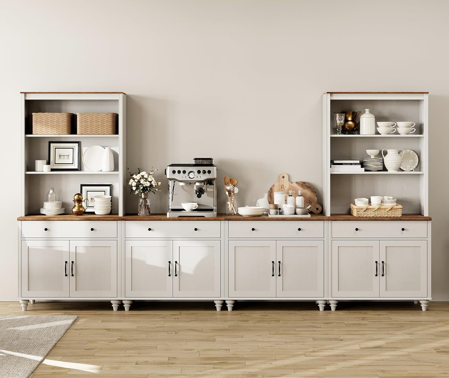 Entertainment Center with Bookshelves for Tvs up to 75", Farmhouse Wall Unit TV Stand with 8 Doors & 4 Drawer, Media Console Table for Living Room, Bedroom & Home Theater, off White-1