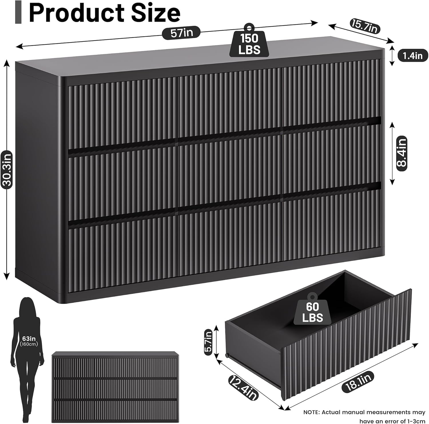 Black FiftySevenInches Nine Drawer Handleless Modern Dresser-1