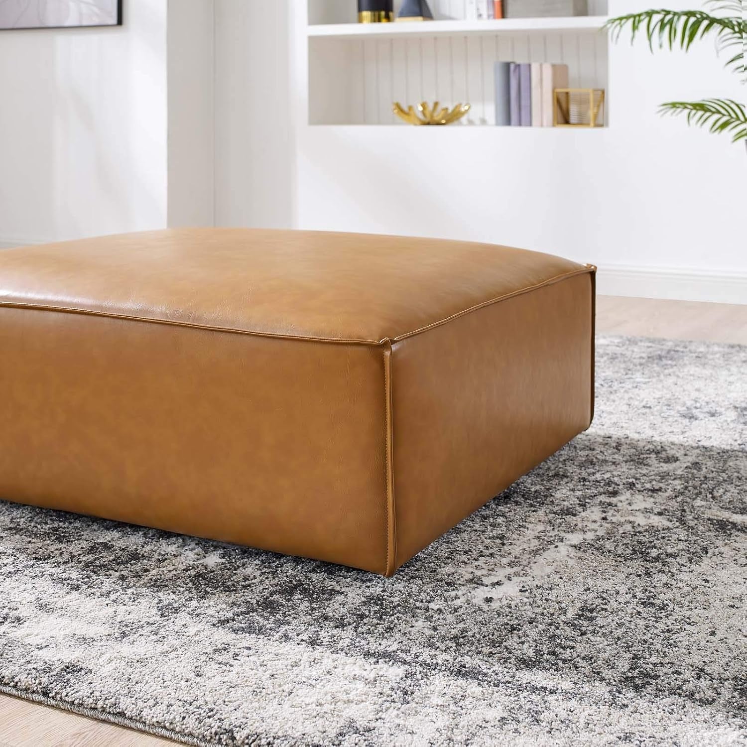 Tan Vegan Leather Contemporary Sectional Sofa Ottoman-1