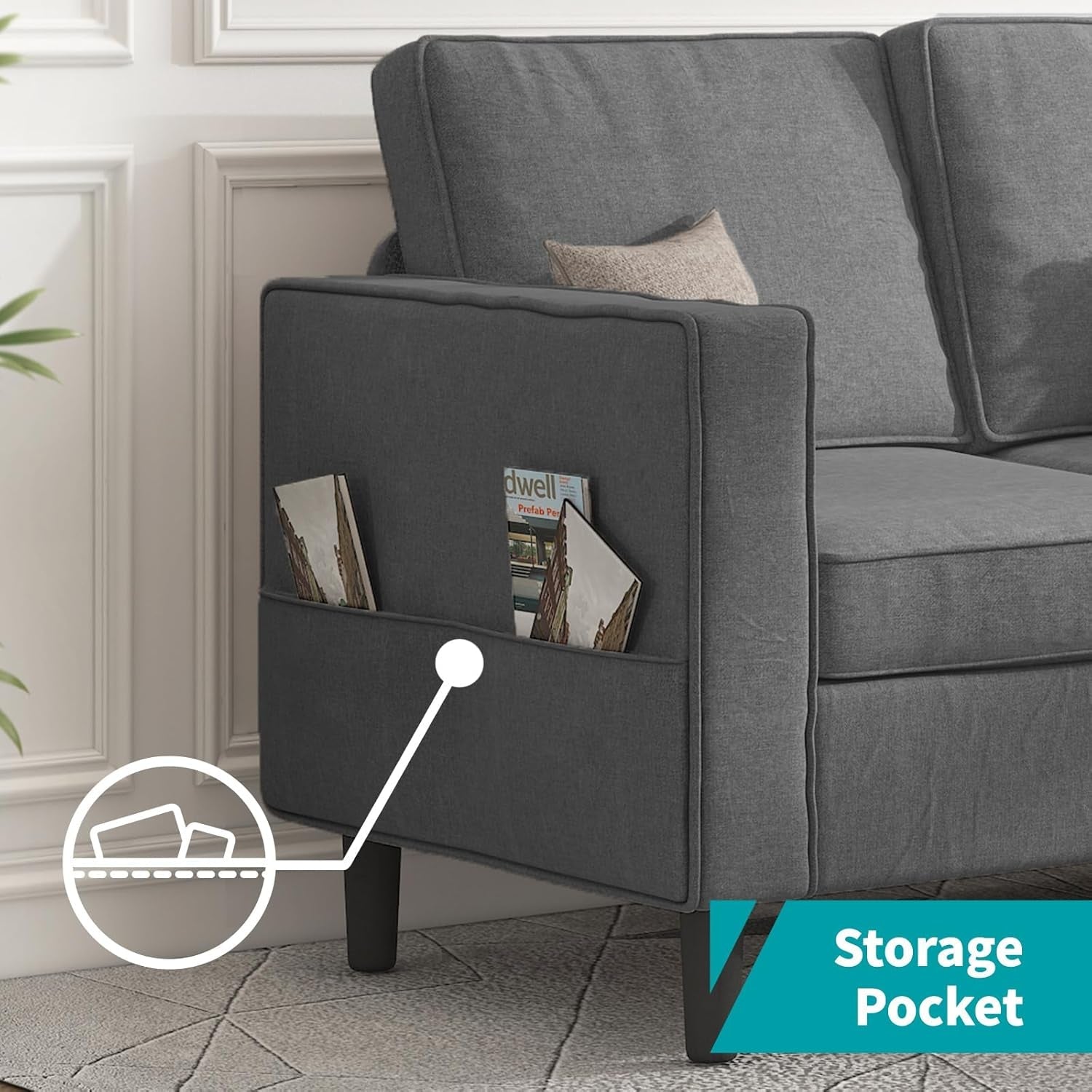 Sectional Sofa with Movable Storage Ottoman, L Shaped Couch with Side Pockets/Modern Sofas/Easy Assembly/Free Combination - Dark Grey-2