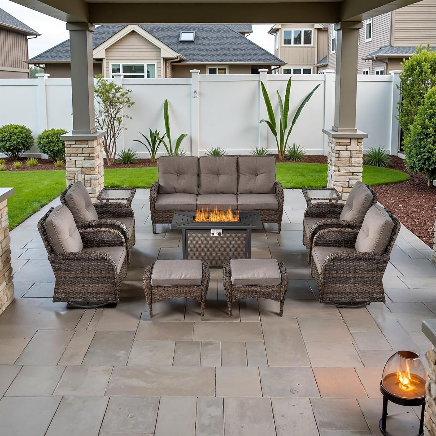 Outdoor Patio Furniture Set With 43In Fire Pit Table Brown-1
