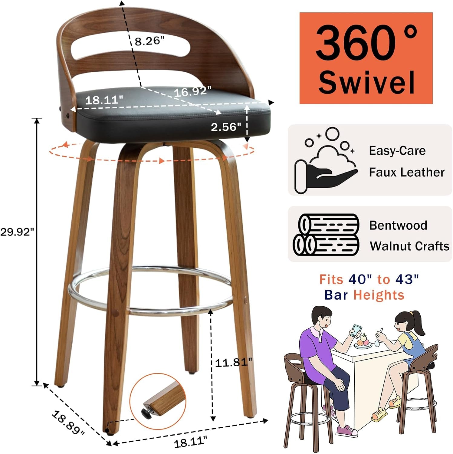 Bar Stools Set of 2, Swivel Bar Stools with Walnut Craftsmanship, Bentwood Curved Back, Upholstered Faux Leather, Soft Cushion Seat, Mid Century Barstools for Bar/Pub/Cafe (Black, 30" Seat Height)-1