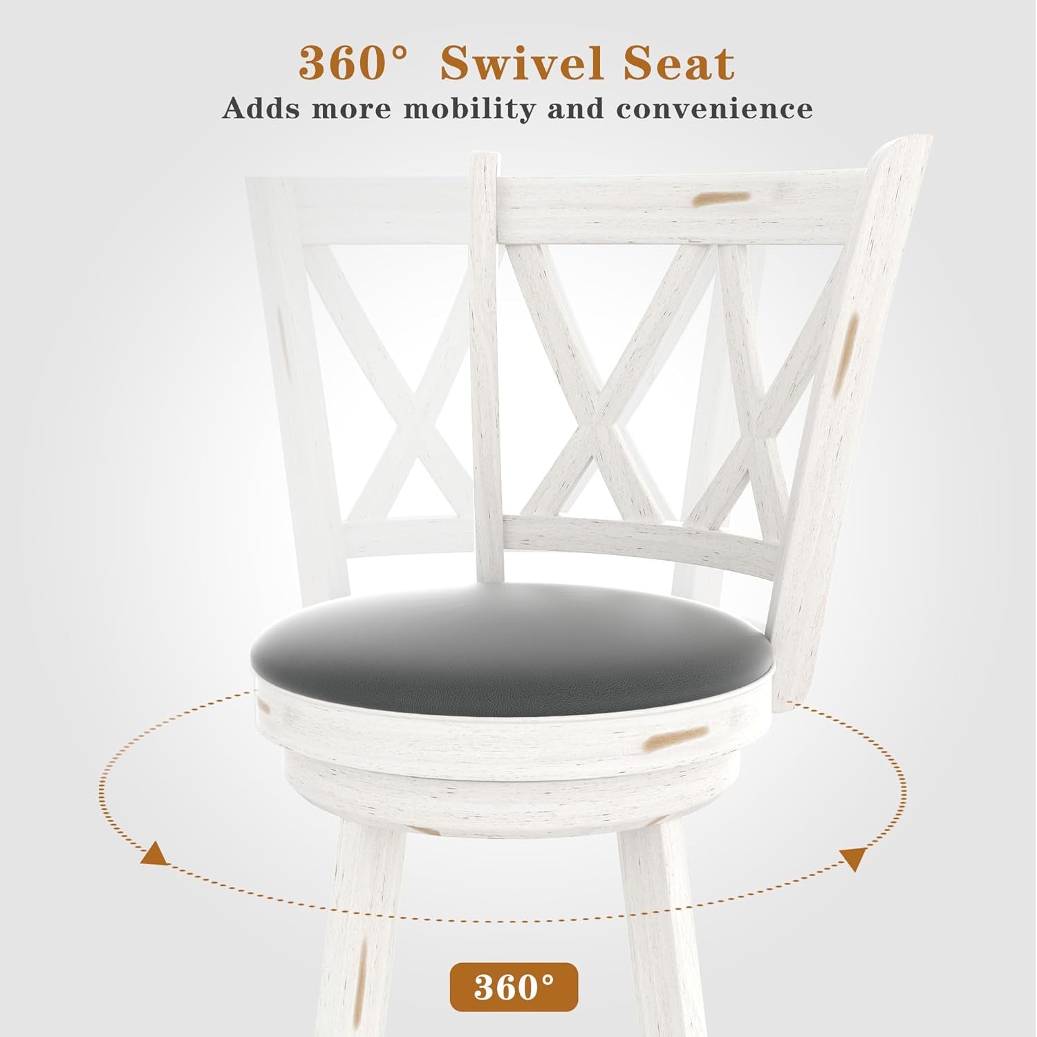 29" Bar Height Swivel Stools - High Back Swivel Barstools with Upholstered Seat & Solid Wood Footrest, Counter Bar Chairs for Kitchen Island & Pub (Antique White, Set of 2)-3