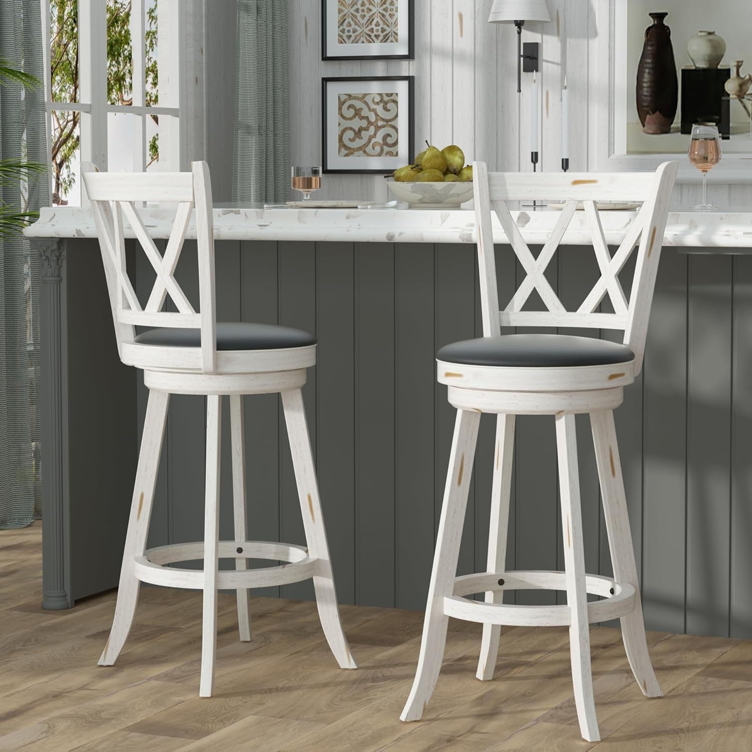 29" Bar Height Swivel Stools - High Back Swivel Barstools with Upholstered Seat & Solid Wood Footrest, Counter Bar Chairs for Kitchen Island & Pub (Antique White, Set of 2)-0