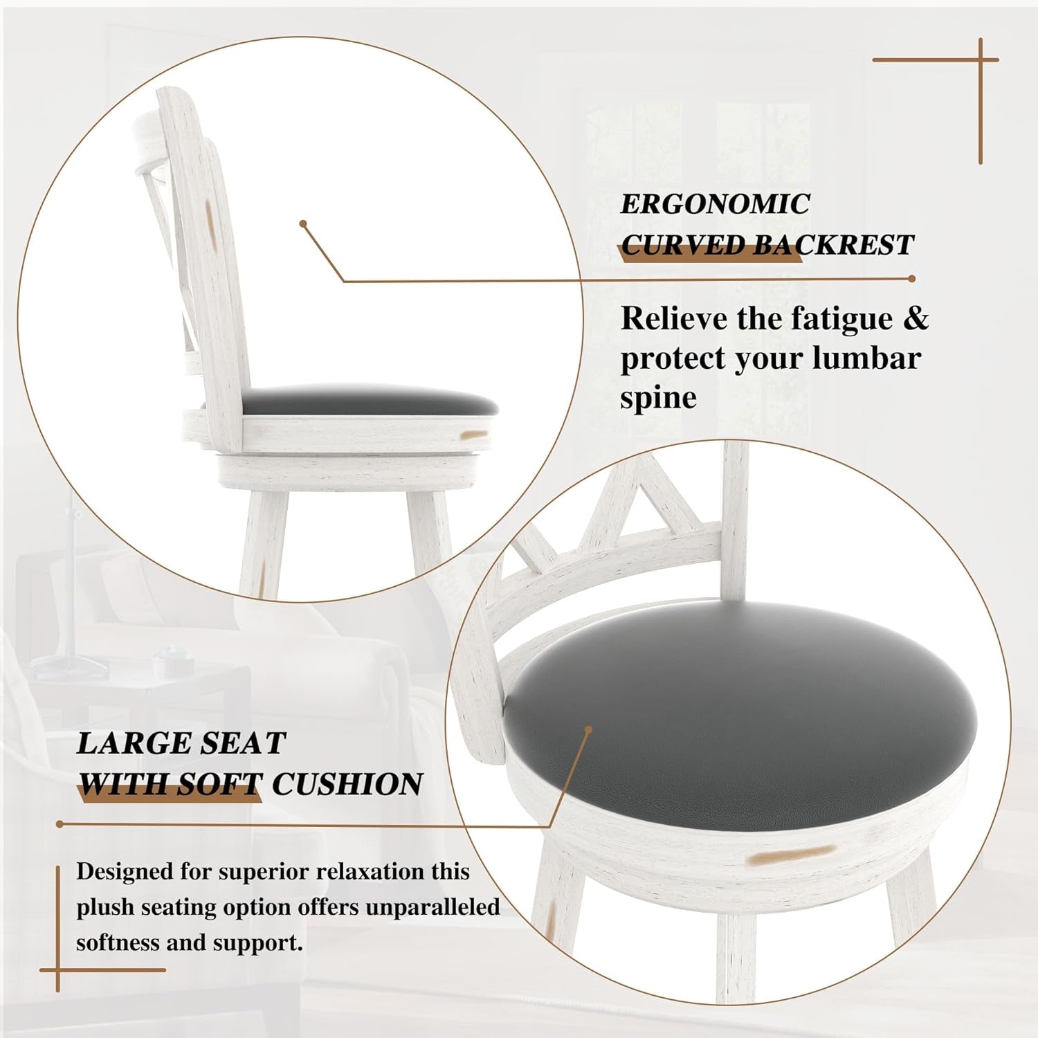 29" Bar Height Swivel Stools - High Back Swivel Barstools with Upholstered Seat & Solid Wood Footrest, Counter Bar Chairs for Kitchen Island & Pub (Antique White, Set of 2)-4