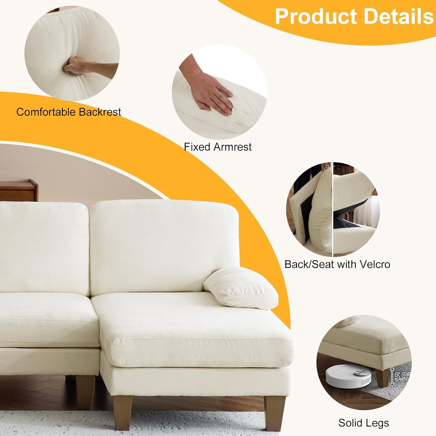 U Shape Sectional Sofa 111 Inch Beige Chenille Convertible-4