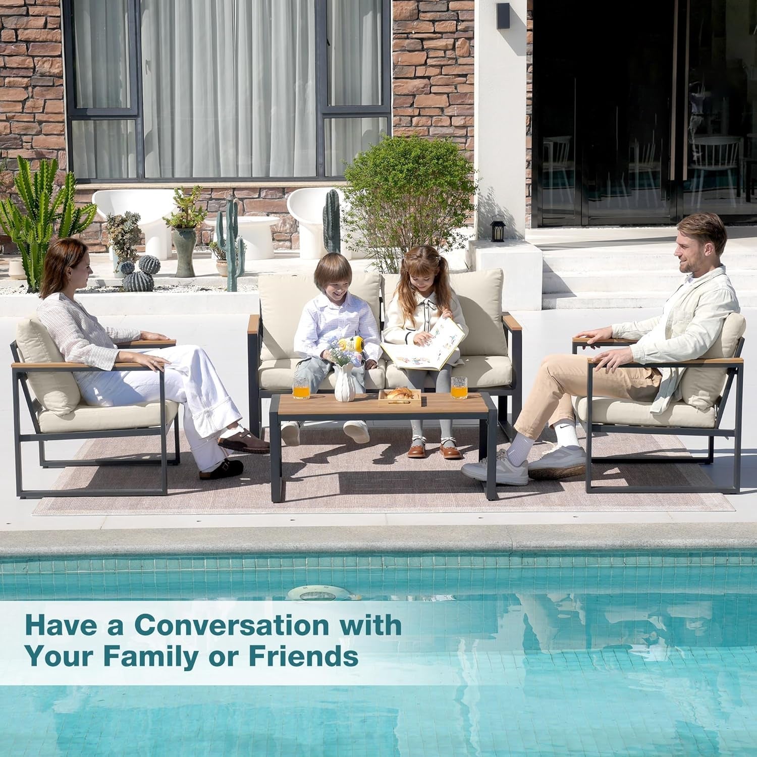 4 Piece Patio Set With Coffee Table Beige Metal Frames And Washable Cushions-2