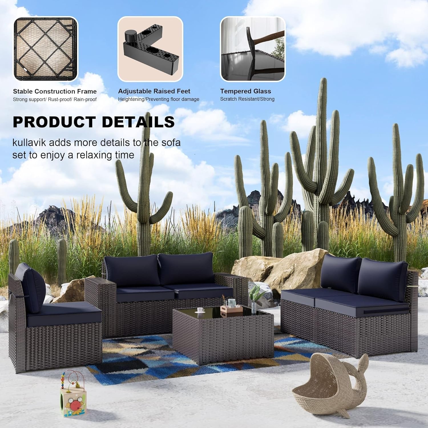 Navy Blue 6 Piece Outdoor Patio Sectional Sofa Set With PE Rattan-3