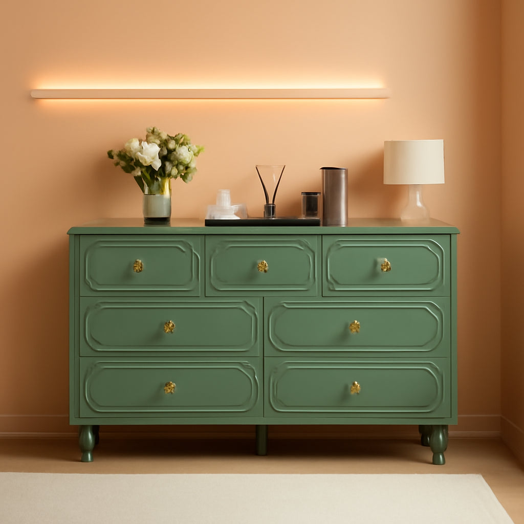 Emerald Green Fluted Seven Drawer Dresser Midcentury-0