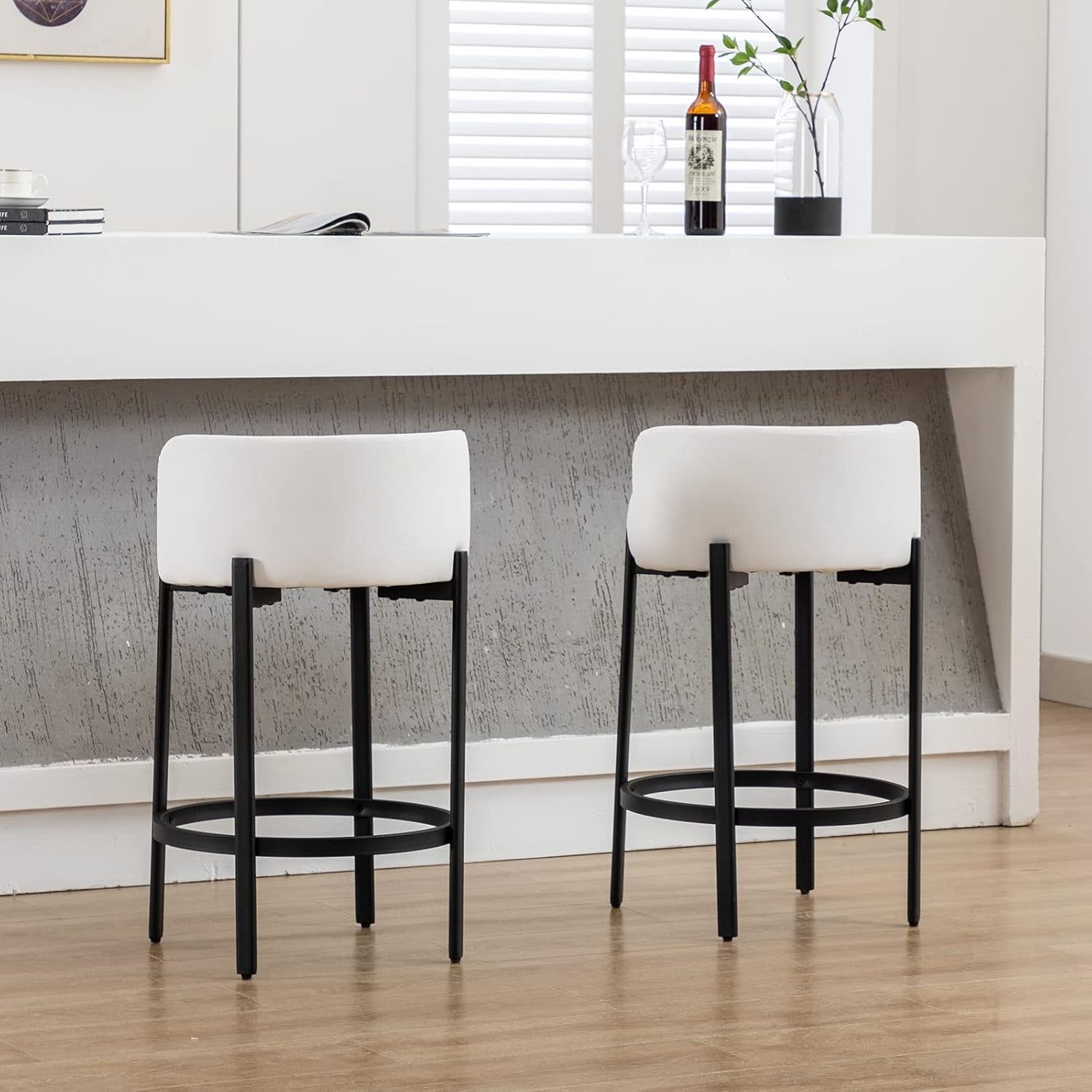 Counter Height Bar Stools 26" round Barstools Set of 2, Modern Faux Leather Counter Stools with Black Metal Legs for for Kitchen Island Counter, Small Space, White-2