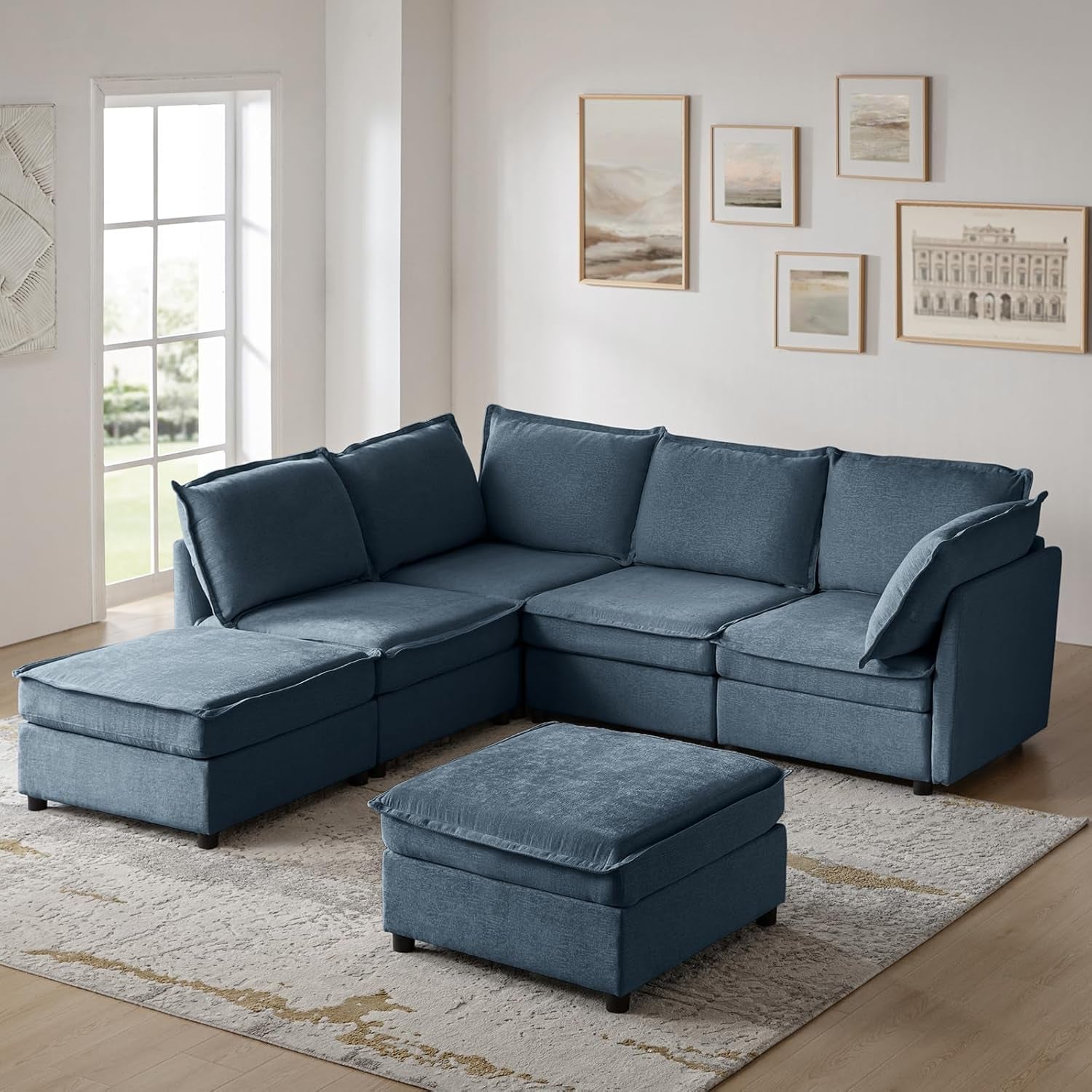 127'' Modular Sectional Sofa, Oversized U Shaped Couch with Storage Ottoman, Extra Deep Seat, Modern Comfy Chenille Sofa with Chaise, 6 Seat Convertible Couches for Living Room, Blue-2