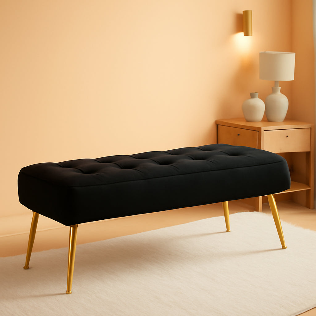 Black Velvet Upholstered Ottoman Bench Golden Legs-0