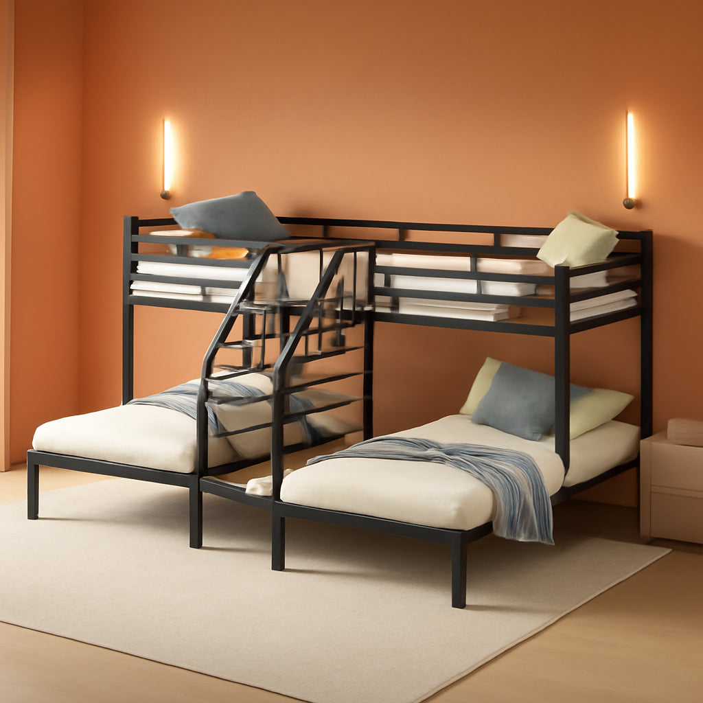 Twin over Twin & Twin Metal Bunk Bed, Triple Bunk Bed Frame with Storage Shelves Staircase, Black-0