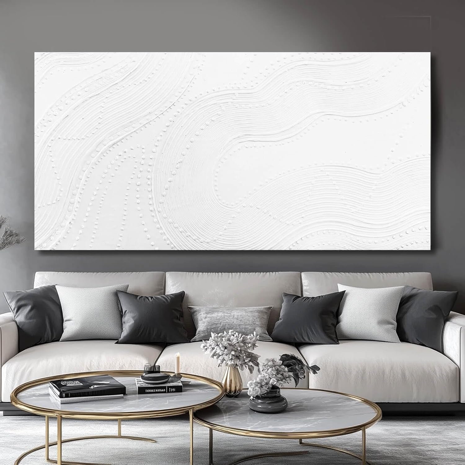 White Abstract Geometric Canvas Wall Art 29x58 inches-1