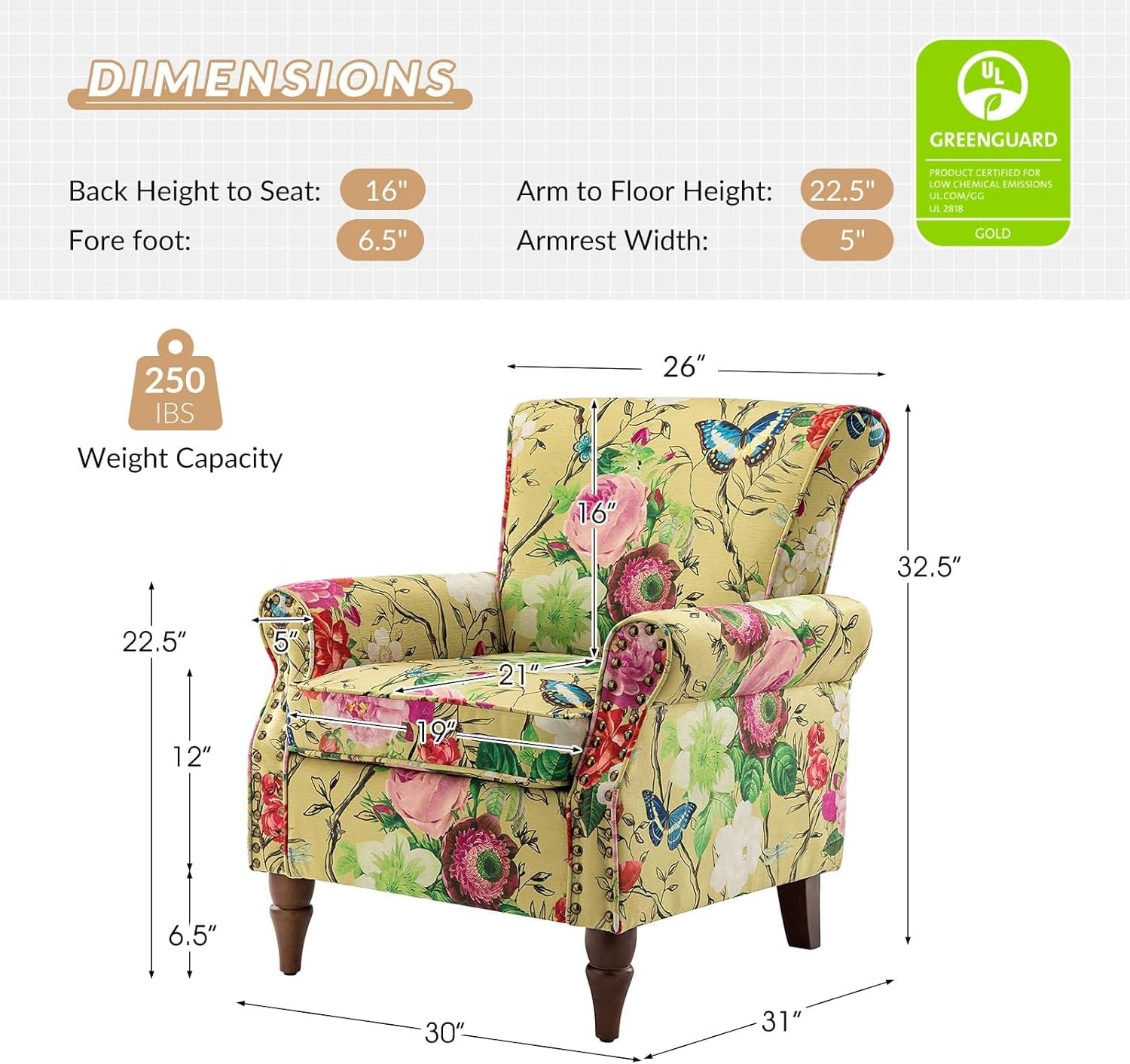Mustard Floral Wingback Accent Chair With Wood Legs-1