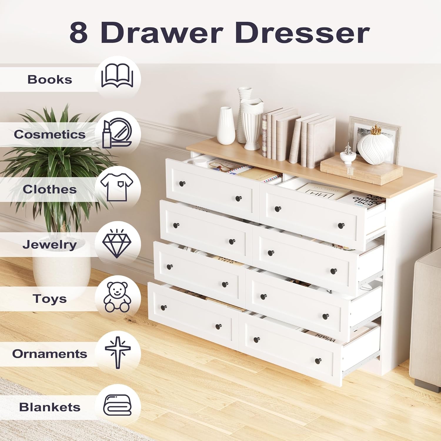 White Farmhouse 8 Drawer Dresser BedroomStorageSolution-4