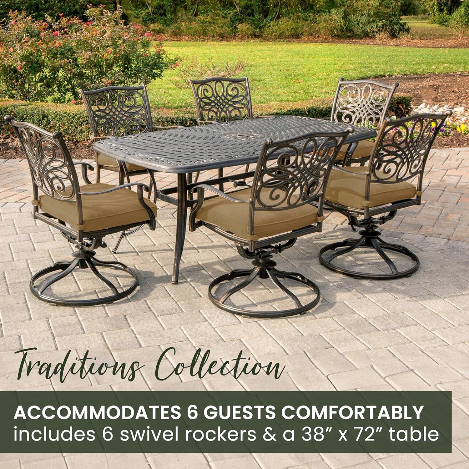 7 Piece Patio Dining Set 6 Swivel Chairs Tan Cushions 38x72-3