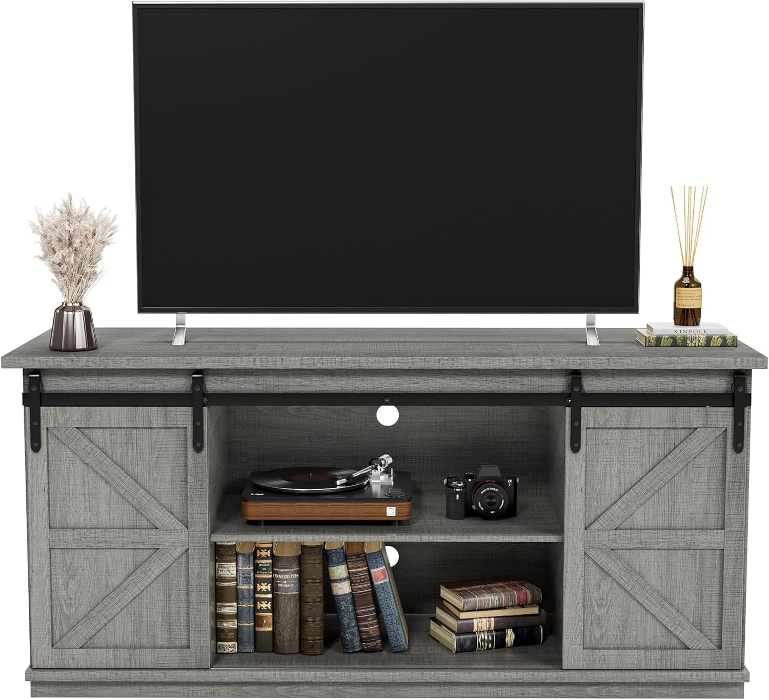TV Stand for 65 Inch TV, Entertainment Center with Storage Cabinets and Sliding Barn Doors, Mid Century Modern Media TV Console Table for Living Room Bedroom (Pale Gray)-0