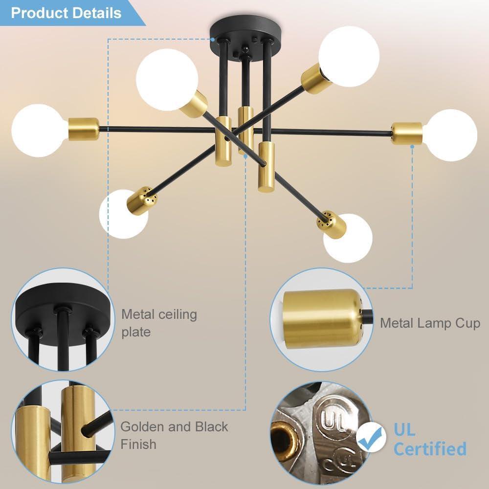 31 Inch 6 Light Sputnik Chandelier Goldtone and Black-4