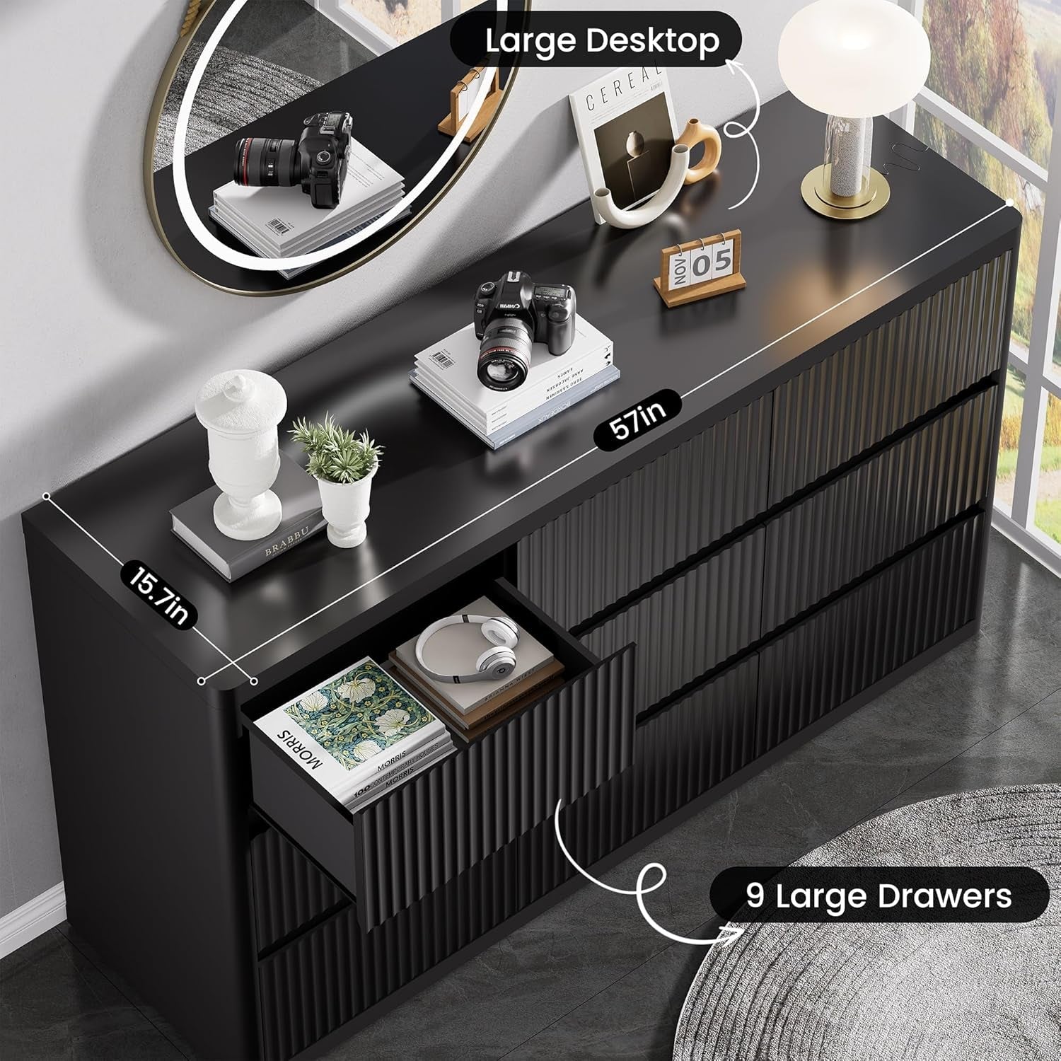 Black FiftySevenInches Nine Drawer Handleless Modern Dresser-4