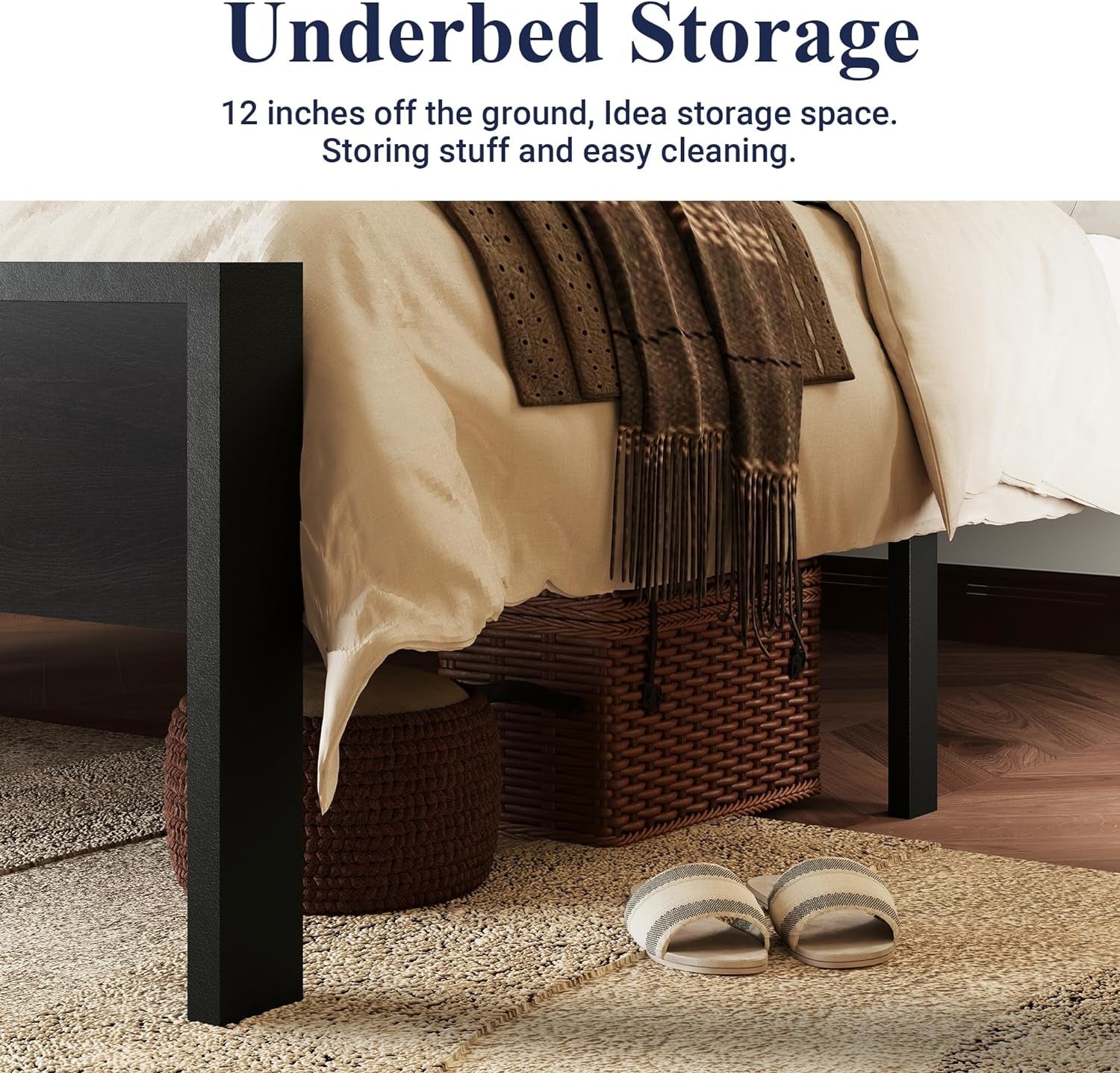 Queen Size Platform Bed Frame with Wooden Headboard and Footboard, Heavy Duty 12 Metal Slats Support, No Box Spring Needed, Under-Bed Storage, Noise Free, Easy Assembly, Black Oak-4