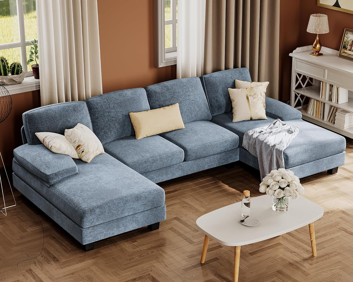 Sectional Couches for Living Room, U-Shaped Sofa Couch with Linen Fabric, 4 Seat Sofa Set with Double Chaise for Apartment (Fabric, Light Blue)-0