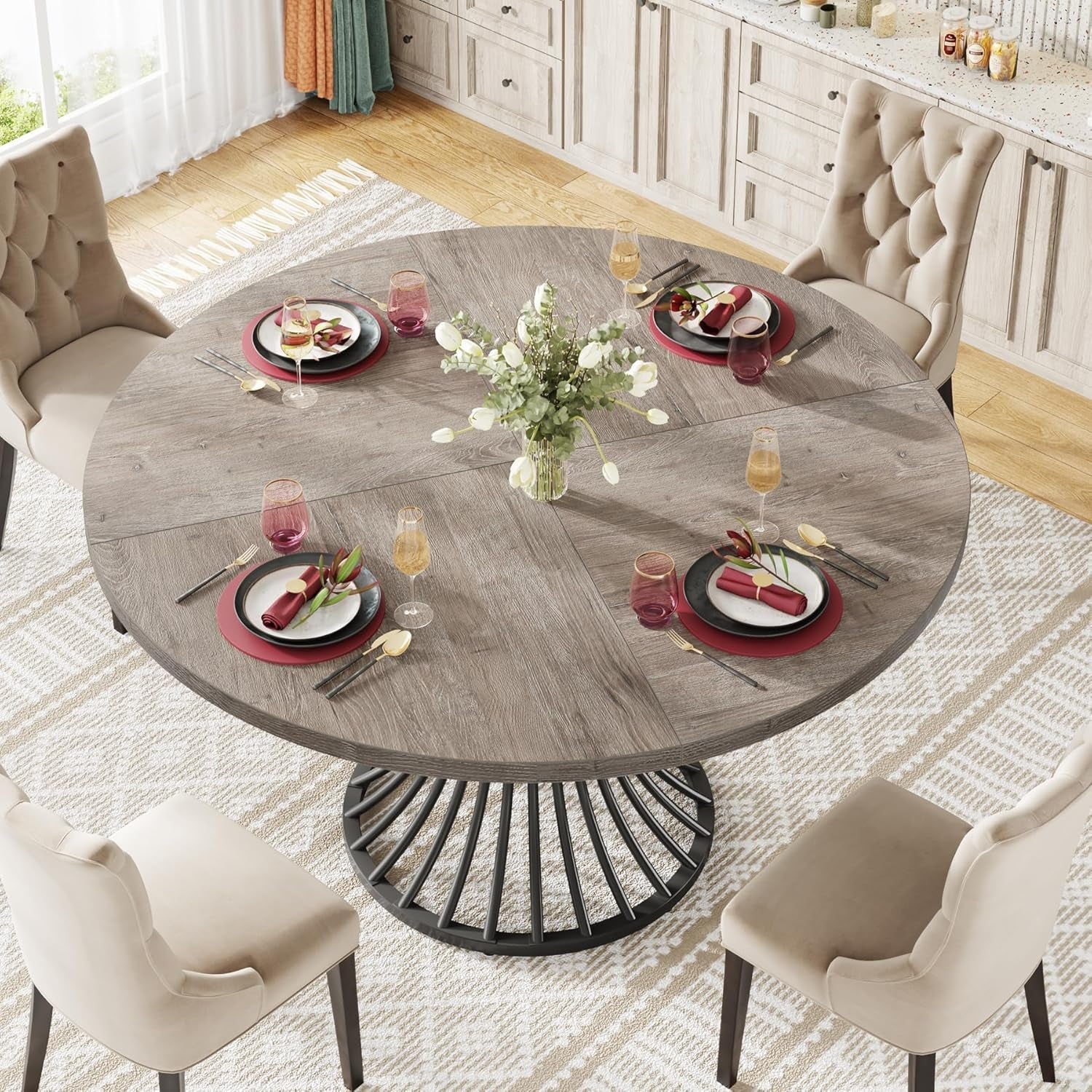 round Dining Table for 4-6 People, 47-Inch Farmhouse Dinning Room Table Circle Kitchen Table, Industrial Dinner Table with Metal Base for Kitchen, Living Room, Grey-3