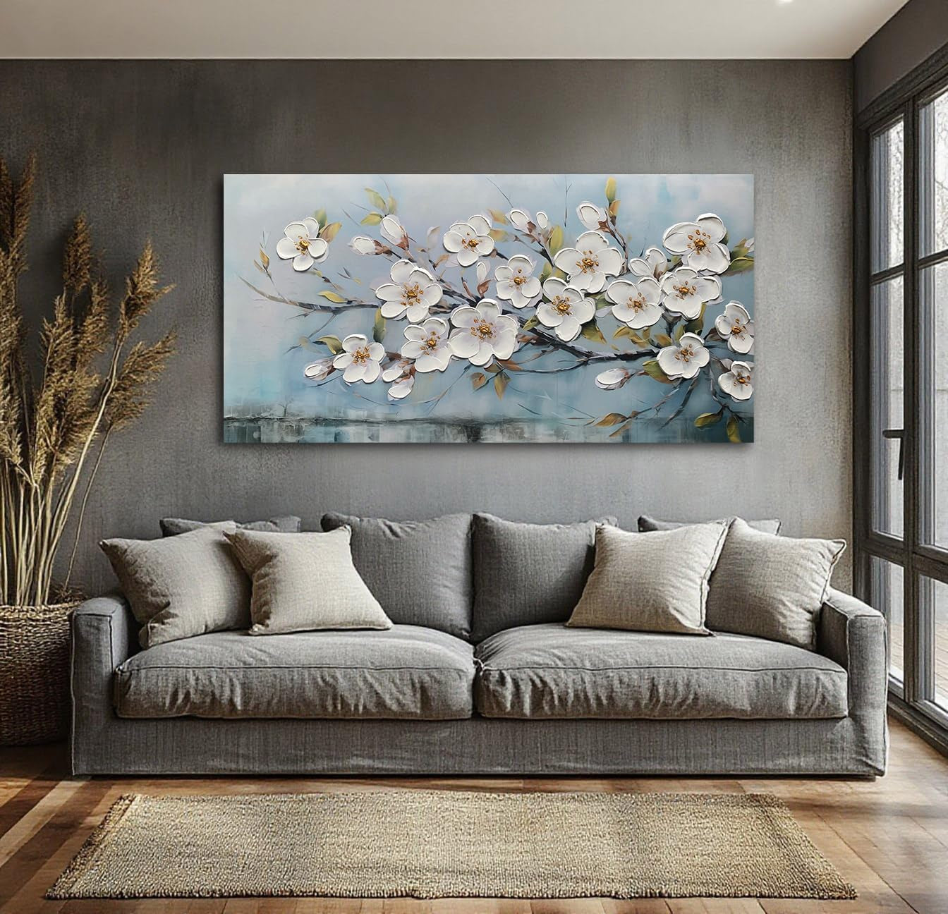White Textured Floral Land scape Wall Art 40x20 Inches-3