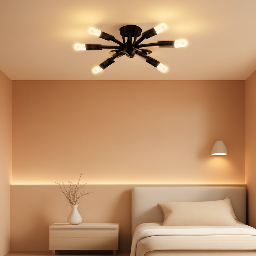 Six Light Black Matte Sputnik Chandelier Semi Flush Ceiling Light-0