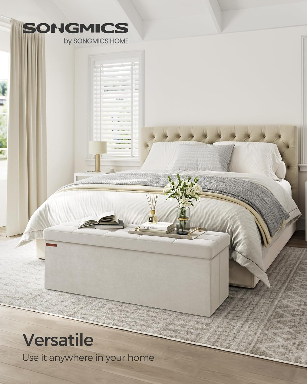 Cream White Storage Ottoman Bench Foldable 15x43x15-2