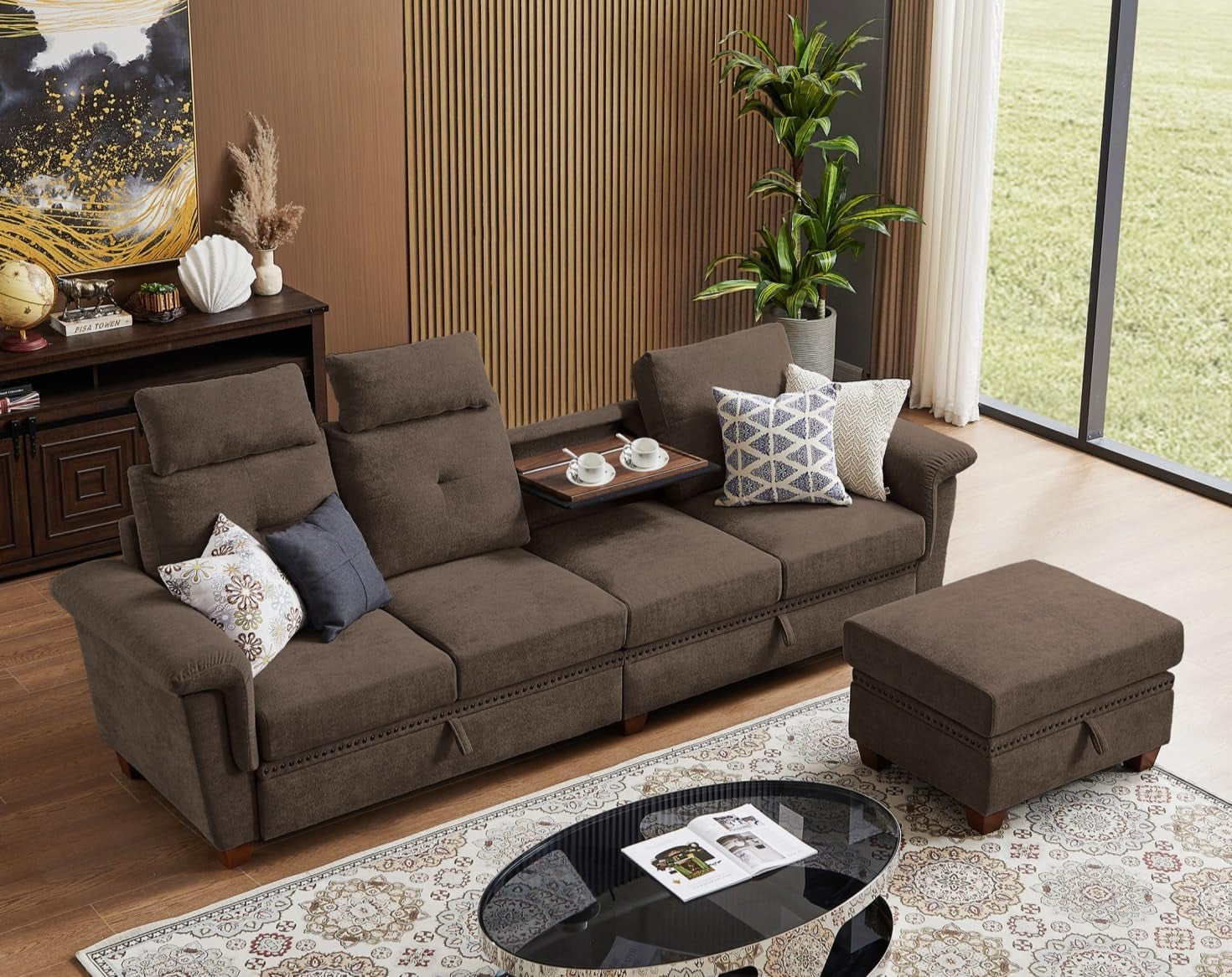 110" Convertible Sectional Sofa with Storage, 4 Seat L Shaped Couch with Ottoman and Cup Holder, Modern Microfiber Fabric Sofas Couches for Living Room-0