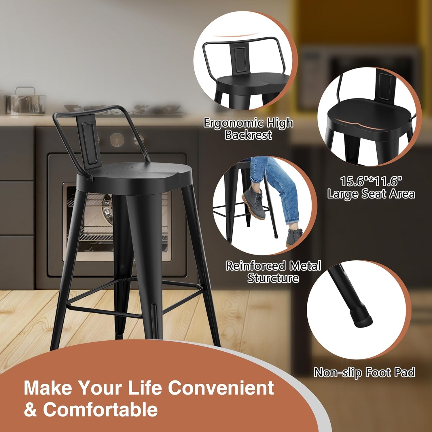 30 Inch Bar Stools Set of 4, Industrial Metal Barstools Farmhouse Bar Chairs with Large Seat for Kitchen Island (30 Inch, Black)-3