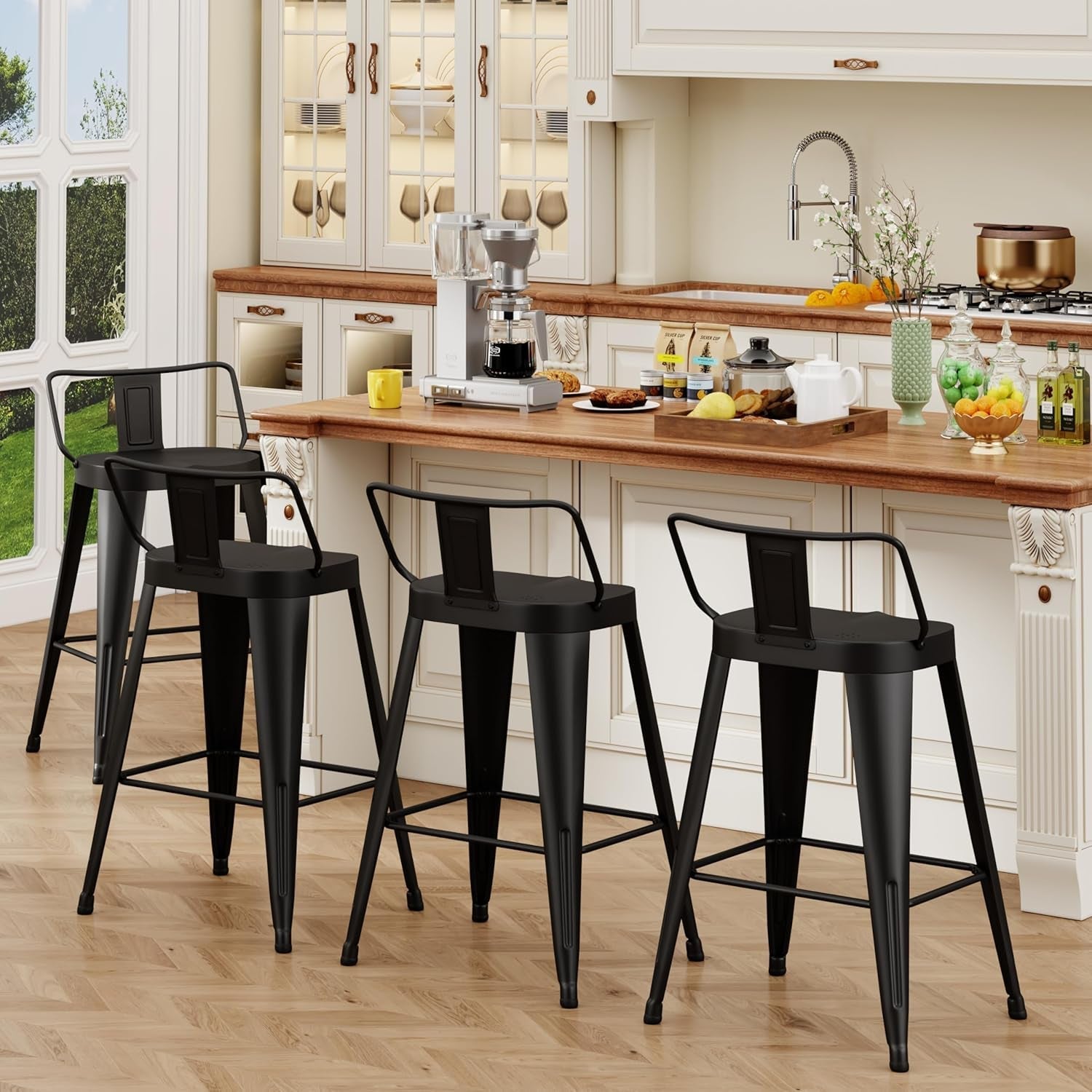 30 Inch Bar Stools Set of 4, Industrial Metal Barstools Farmhouse Bar Chairs with Large Seat for Kitchen Island (30 Inch, Black)-2