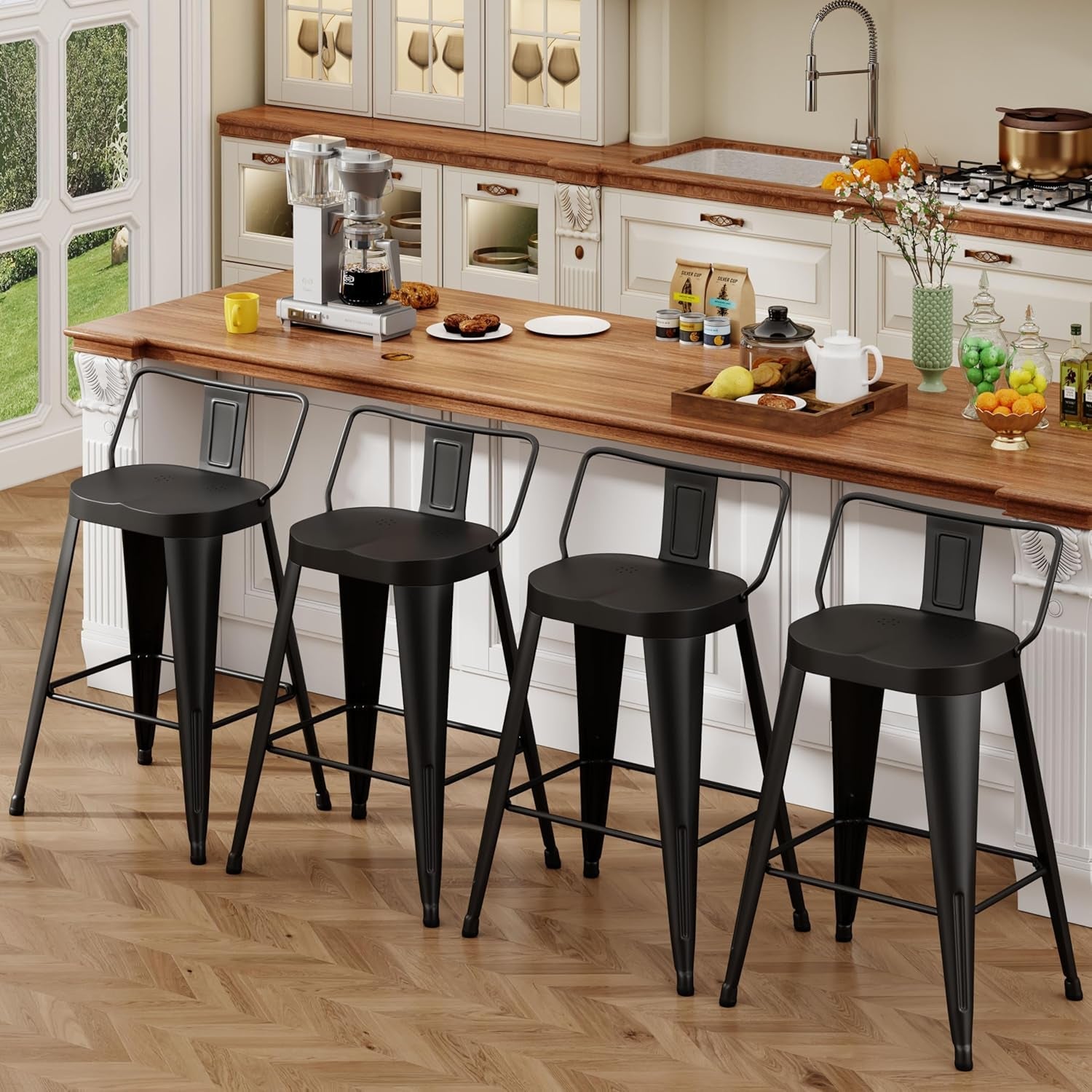 30 Inch Bar Stools Set of 4, Industrial Metal Barstools Farmhouse Bar Chairs with Large Seat for Kitchen Island (30 Inch, Black)-0