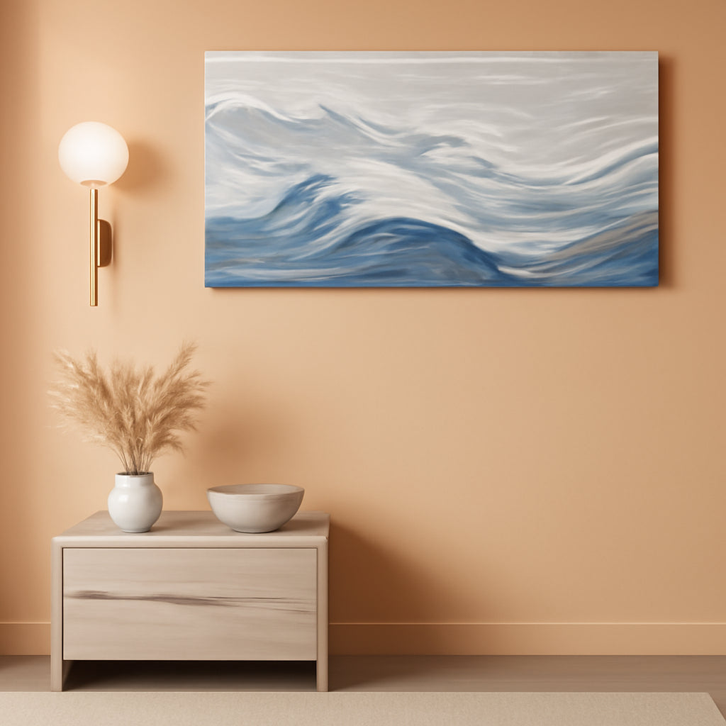 Blue White Abstract Canvas Wall Art 28x57 Inches Large-0