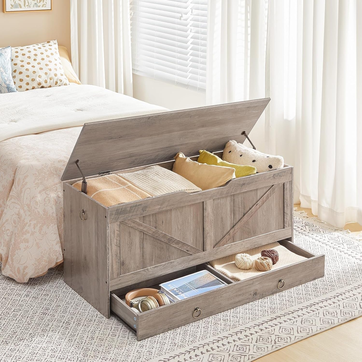 SolidWoodFinish Storage Bench Greige 43Inch Drawer-3