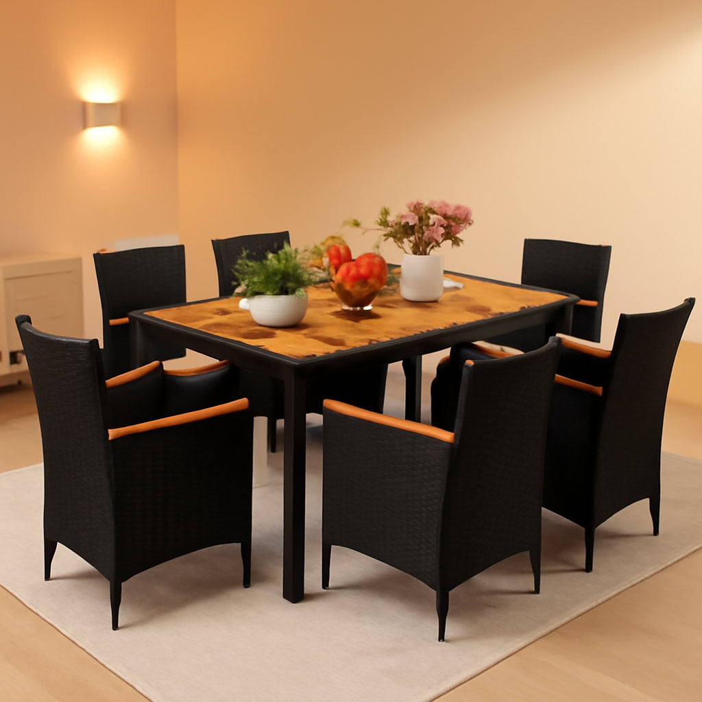 7 Piece Patio Dining Set Acacia Wood Table Wicker Chairs-0