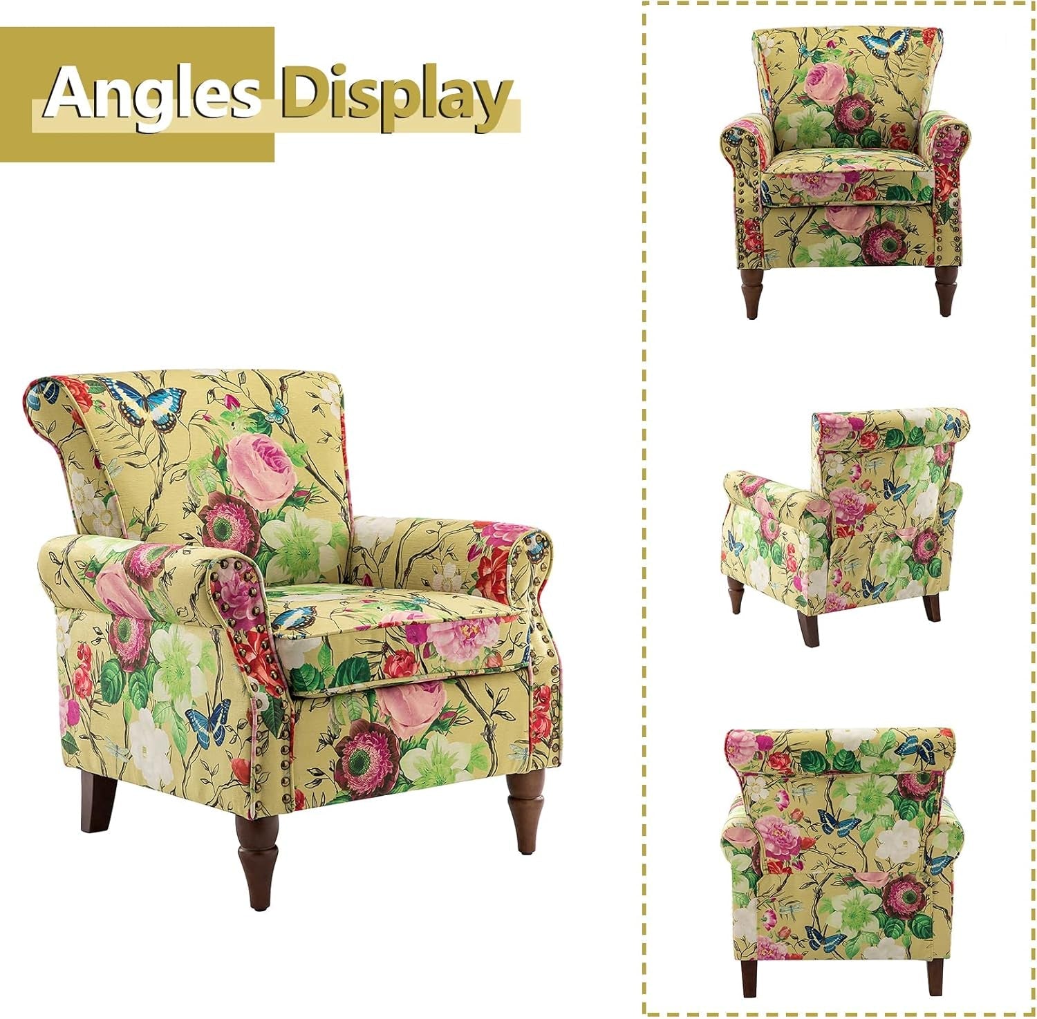 Mustard Floral Wingback Accent Chair With Wood Legs-2