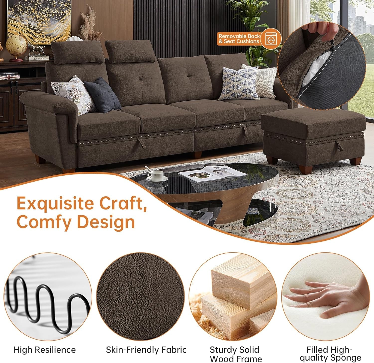 110" Convertible Sectional Sofa with Storage, 4 Seat L Shaped Couch with Ottoman and Cup Holder, Modern Microfiber Fabric Sofas Couches for Living Room-2