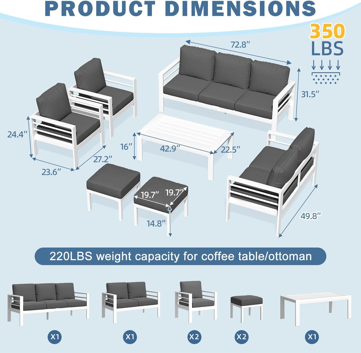 Modern Aluminum Patio Furniture Set with Cushions and Table-2