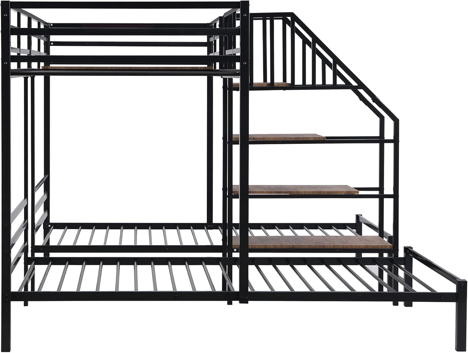 Twin over Twin & Twin Metal Bunk Bed, Triple Bunk Bed Frame with Storage Shelves Staircase, Black-4