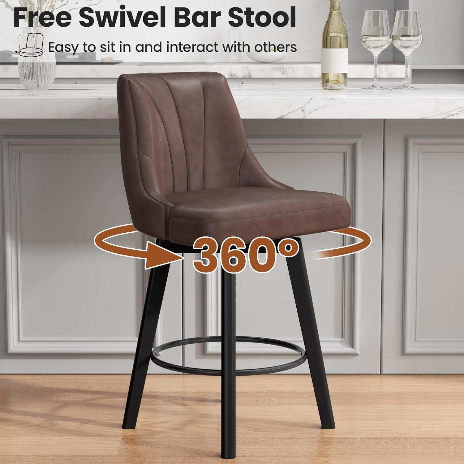 Counter Height Swivel Bar Stool, 24" Upholstered PU Leather Barstools Set of 3, Counter Stool Chair with Back & Solid Wood Legs for Kitchen Island Dining Room (Brown)-4